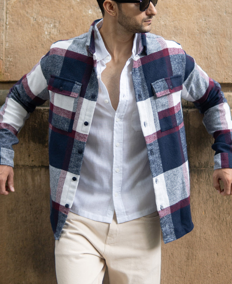 Navy And Wine Flannel Checks Shirt